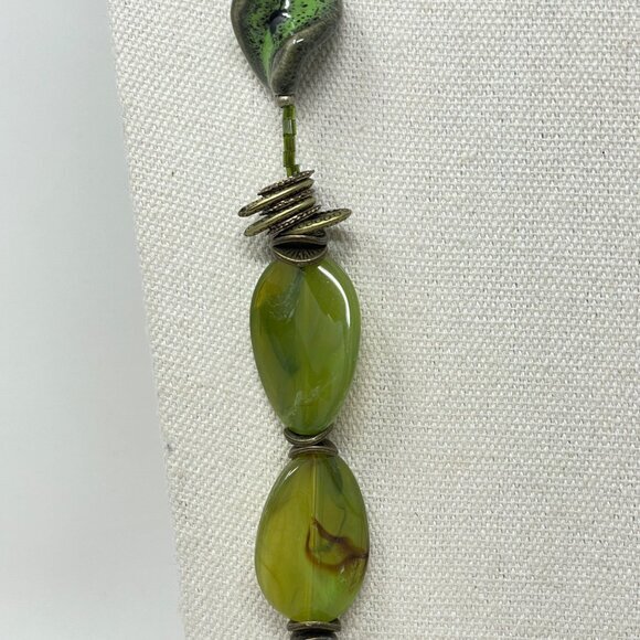 Treska Beaded Long Necklace Green Stone Porcelain Glass Boho Chunky Signed - Picture 10 of 13
